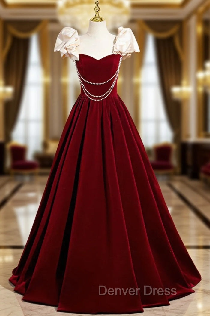 A-Line Velvet Floor Length Prom Dresses, Burgundy Off the Shoulder Evening Party Dresses Main image