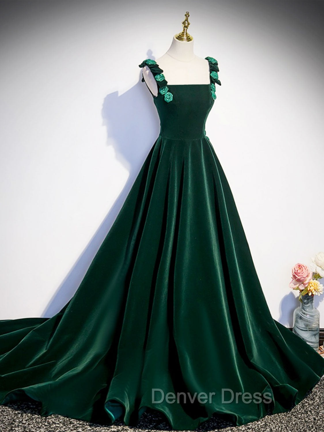 A-Line Velvet Green Long Prom Dresses, Green Formal Evening Dresses Secondary image