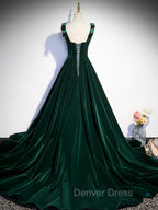 A Line Velvet Green Long Prom Dress, Green Prom Dresses