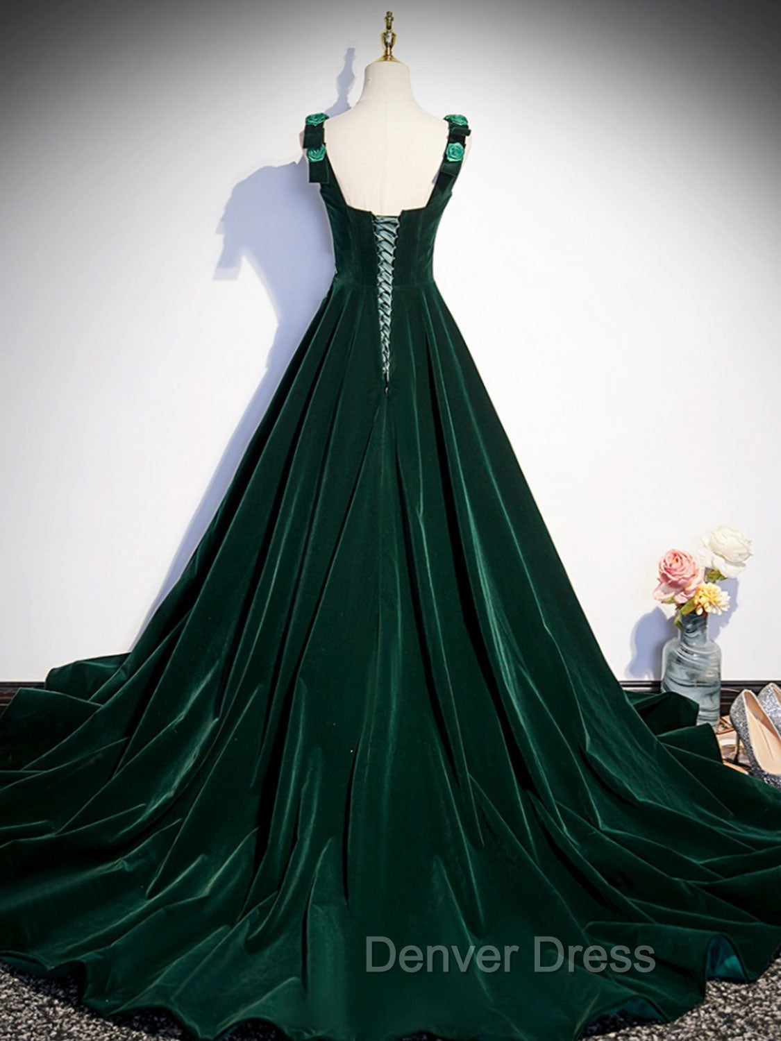 A Line Velvet Green Long Prom Dress, Green Prom Dresses