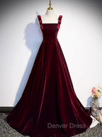 A-Line Velvet Green Long Prom Dresses, Green Formal Evening Dresses