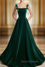 A-Line Velvet Green Long Prom Dresses, Green Formal Evening Dresses