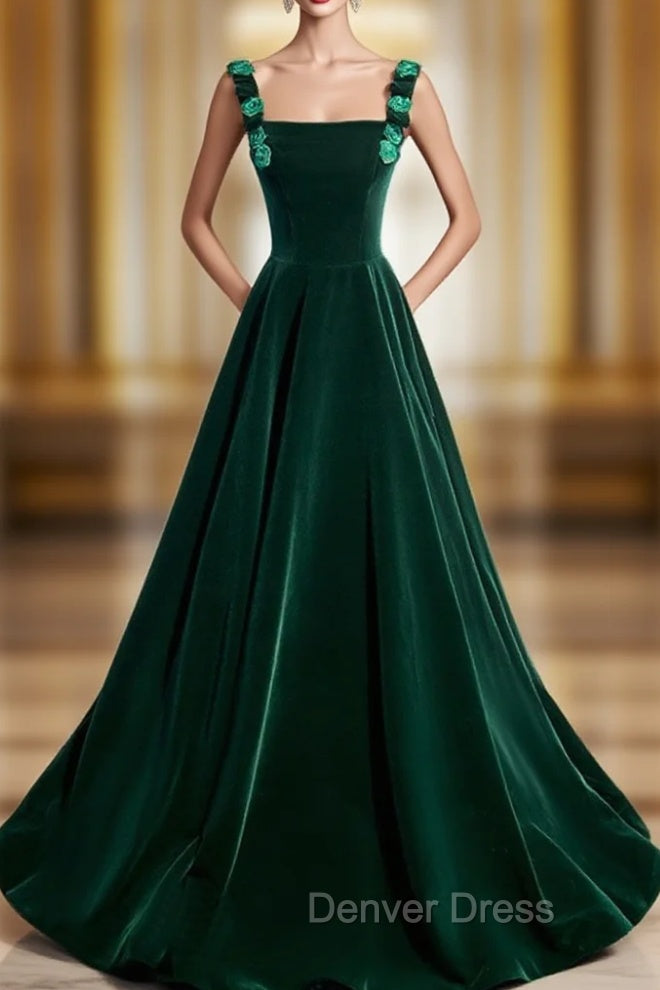 A-Line Velvet Green Long Prom Dresses, Green Formal Evening Dresses