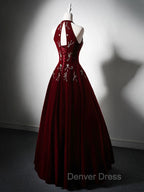 A Line Velvet Sequin Beads Burgundy Long Prom Dress, Burgundy Long Prom Dresses