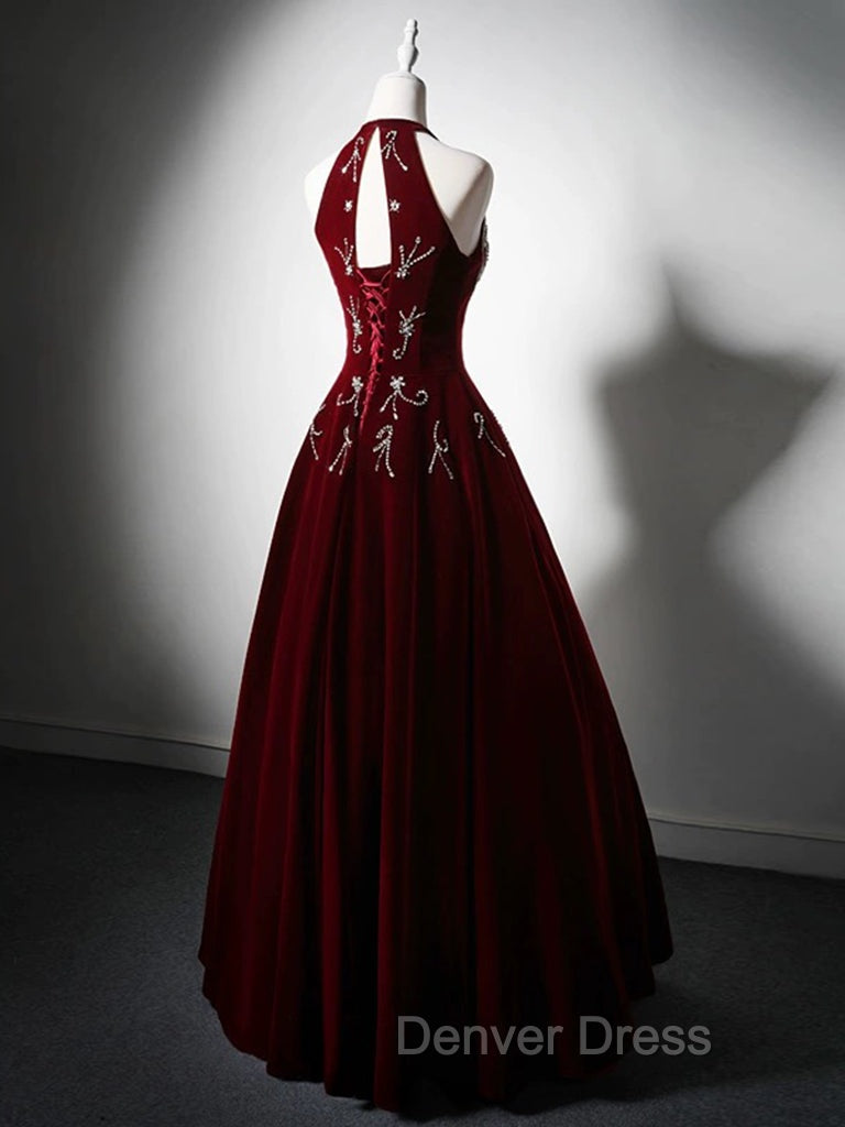 A Line Velvet Sequin Beads Burgundy Long Prom Dress, Burgundy Long Prom Dresses