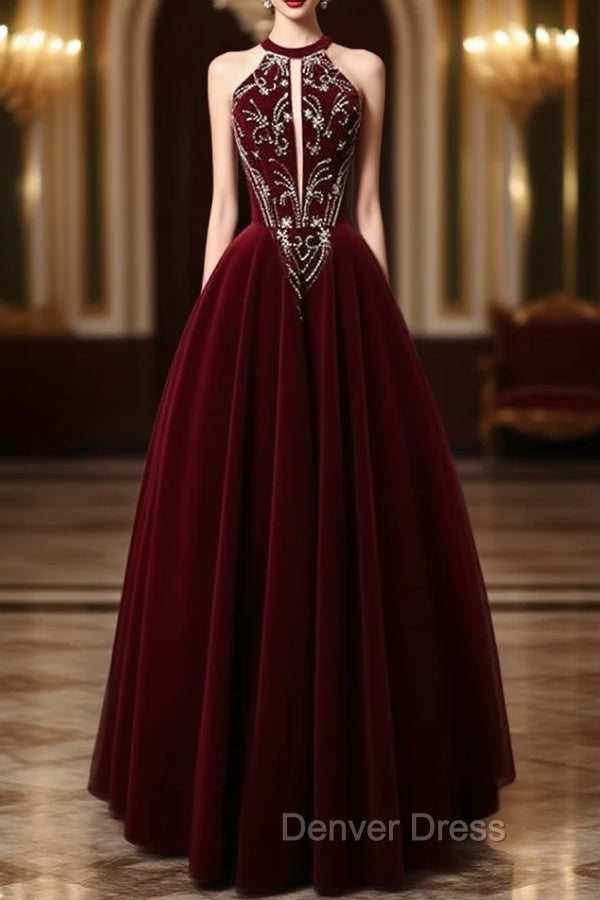 A-Line Velvet Sequin Beads Burgundy Long Prom Dresses, Burgundy Long Formal Dresses Main image