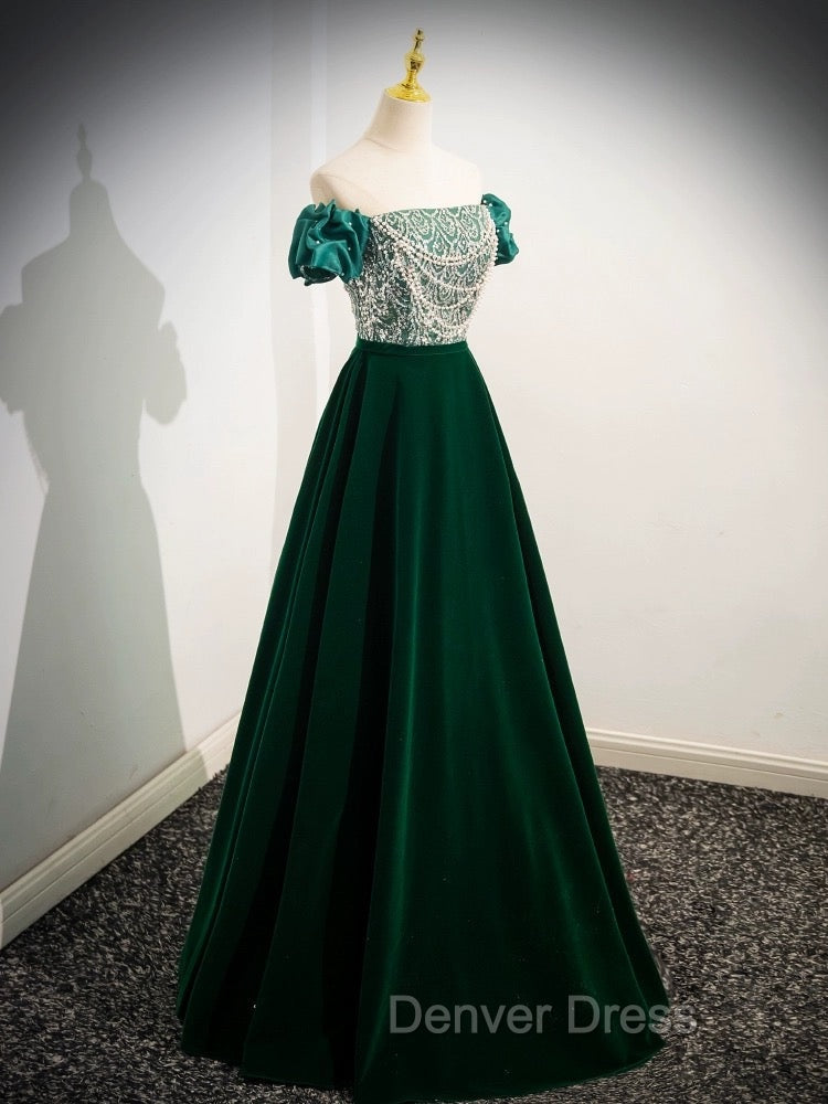 A-Line Velvet Sequin Beads Green Long Prom Dresses, Green Velvet Long Formal Dresses Secondary image