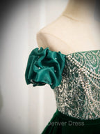 A-Line Velvet Sequin Beads Green Long Prom Dresses, Green Velvet Long Formal Dresses