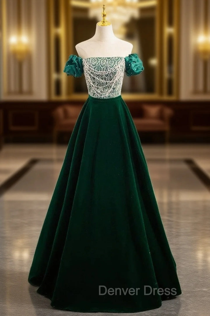 A-Line Velvet Sequin Beads Green Long Prom Dresses, Green Velvet Long Formal Dresses Main image