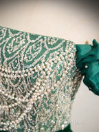 A-Line Velvet Sequin Beads Green Long Prom Dresses, Velvet Green Long Formal Dresses