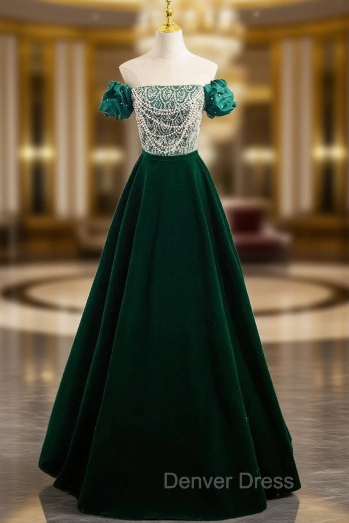 A-Line Velvet Sequin Beads Green Long Prom Dresses, Velvet Green Long Formal Dresses Main image