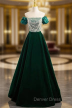 A-Line Velvet Sequin Beads Green Long Prom Dresses, Velvet Green Long Formal Dresses