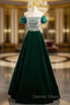 A-Line Velvet Sequin Beads Green Long Prom Dresses, Velvet Green Long Formal Dresses