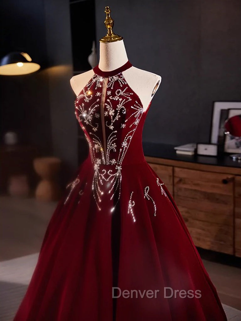 A-Line Velvet Sequin Burgundy Long Prom Dresses Long Formal Dresses December Wedding Guest Dresses