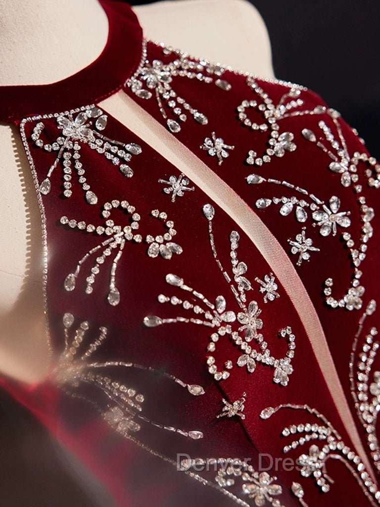 A-Line Velvet Sequin Burgundy Long Prom Dresses Long Formal Dresses December Wedding Guest Dresses