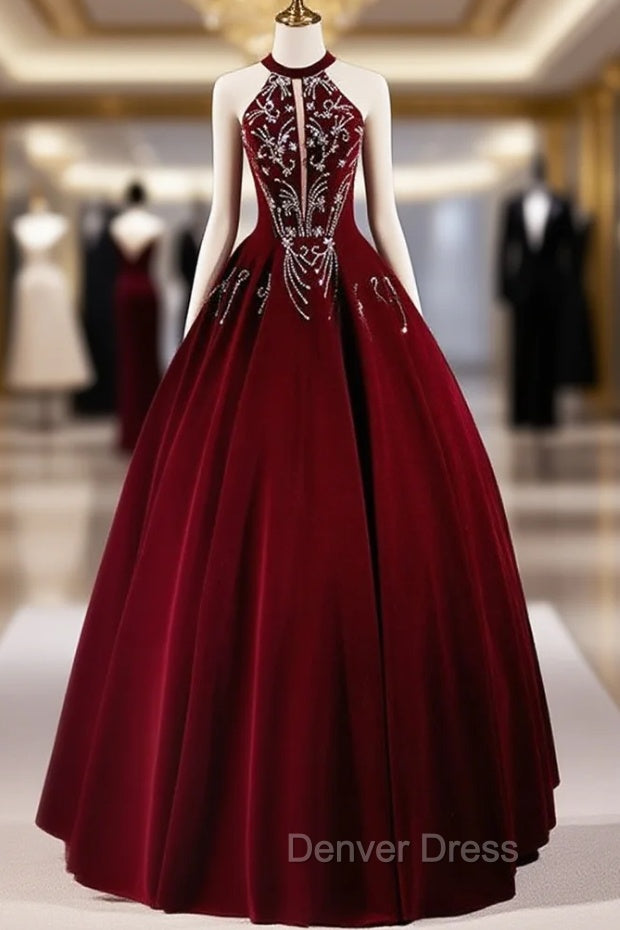 A-Line Velvet Sequin Burgundy Long Prom Dresses Long Formal Dresses December Wedding Guest Dresses Main image