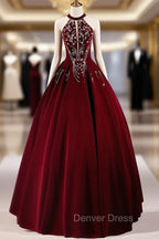A-Line Velvet Sequin Burgundy Long Prom Dresses Long Formal Dresses December Wedding Guest Dresses