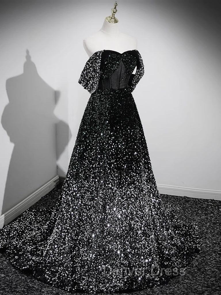 A-Line Velvet Sequin Long Black Prom Dresses, Black Long Evening Dresses Secondary image