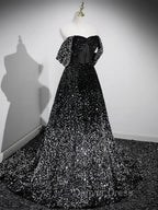 A Line Velvet Sequin Long Black Prom Dress, Black Long Prom Dresses