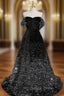 A-Line Velvet Sequin Long Black Prom Dresses, Black Long Evening Dresses