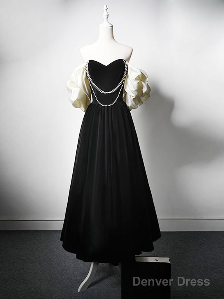 A-Line Velvet Tea Length Black Prom Dress, Tea Length Black Formal Dress