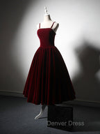 A Line Velvet Tea Length Burgundy Prom Dress, Burgundy Cocktail Dresses