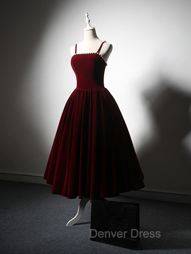A Line Velvet Tea Length Burgundy Prom Dress, Burgundy Cocktail Dresses
