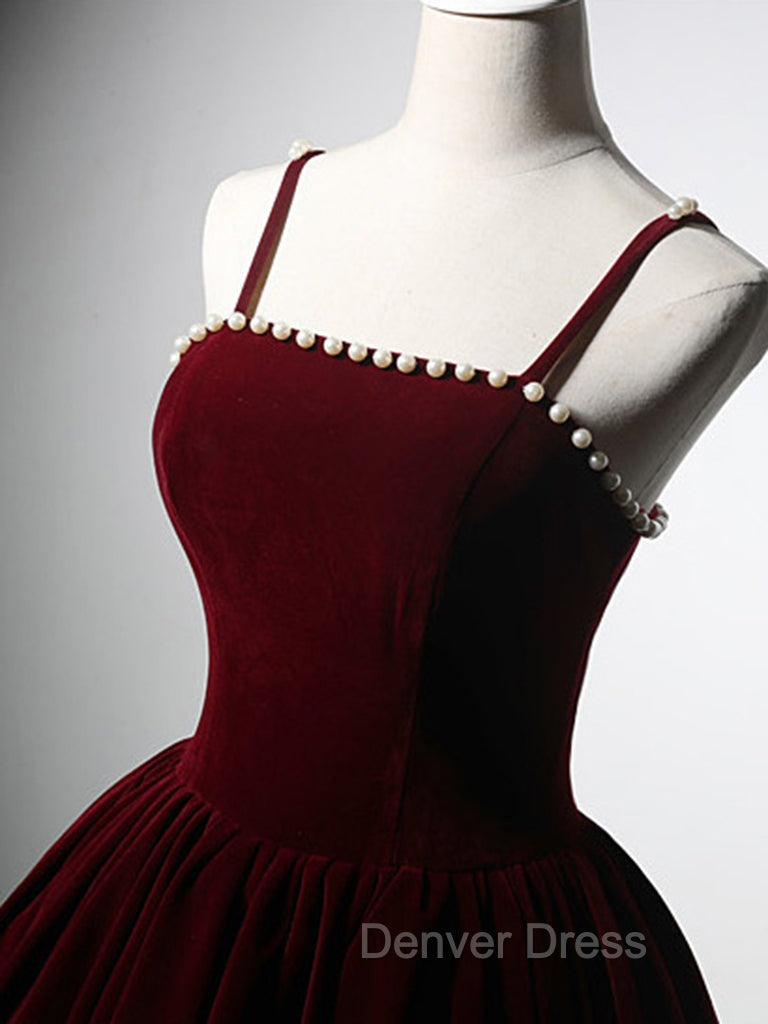 A Line Velvet Tea Length Burgundy Prom Dress, Burgundy Cocktail Dresses