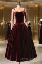 A Line Velvet Tea Length Burgundy Prom Dress, Burgundy Cocktail Dresses