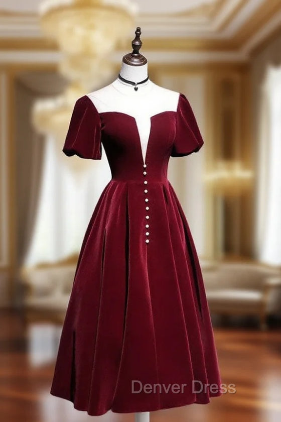 A line Velvet Tea Length Prom Dresses, Burgundy Velvet Bridesmaid Dresses
