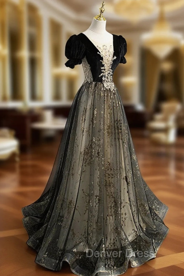 A line Velvet Tulle Lace Black Long Prom Dresses, Black Formal Graduation Dresses