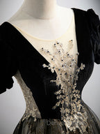 A line Velvet Tulle Lace Black Long Prom Dresses, Black Formal Graduation Dresses