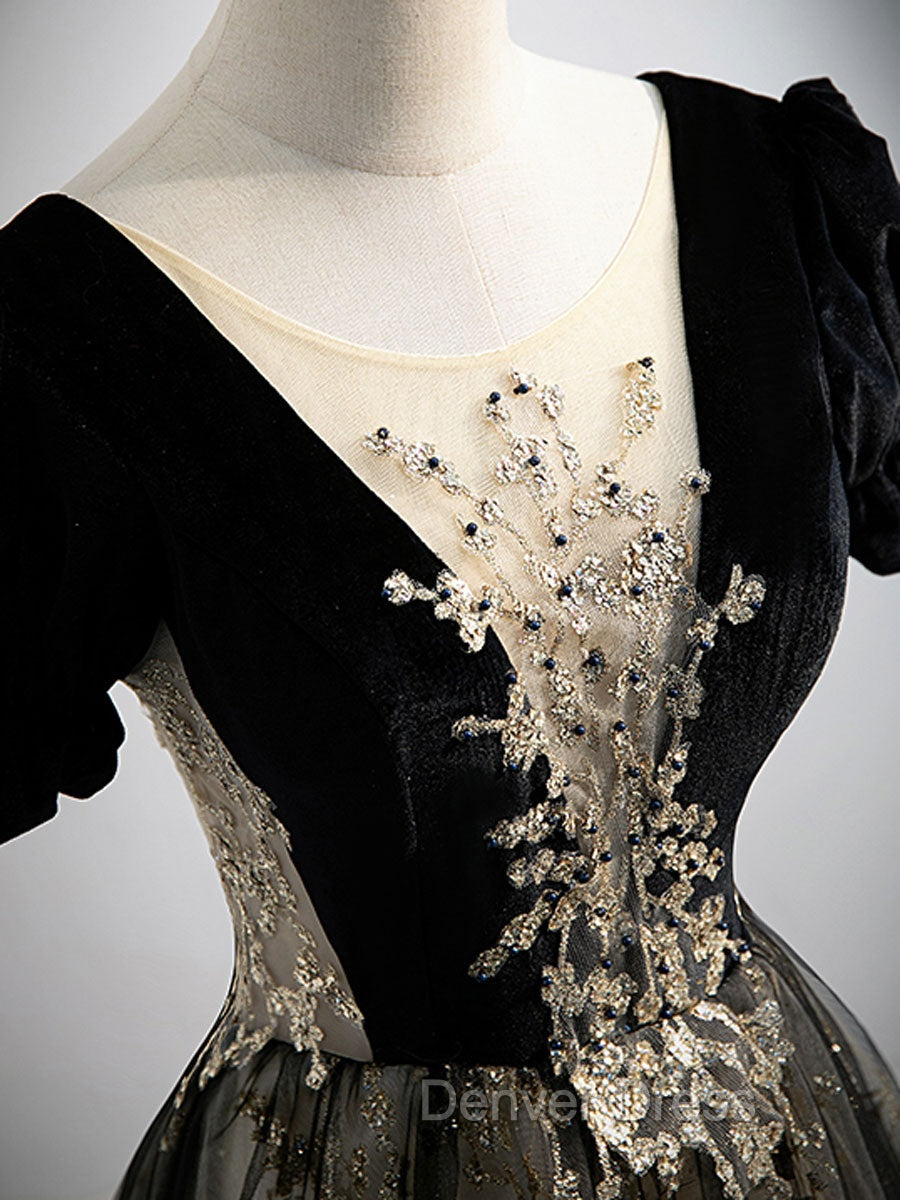 A line Velvet Tulle Lace Black Long Prom Dresses, Black Formal Graduation Dresses