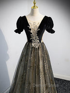 A line Velvet Tulle Lace Black Long Prom Dresses, Black Formal Graduation Dresses