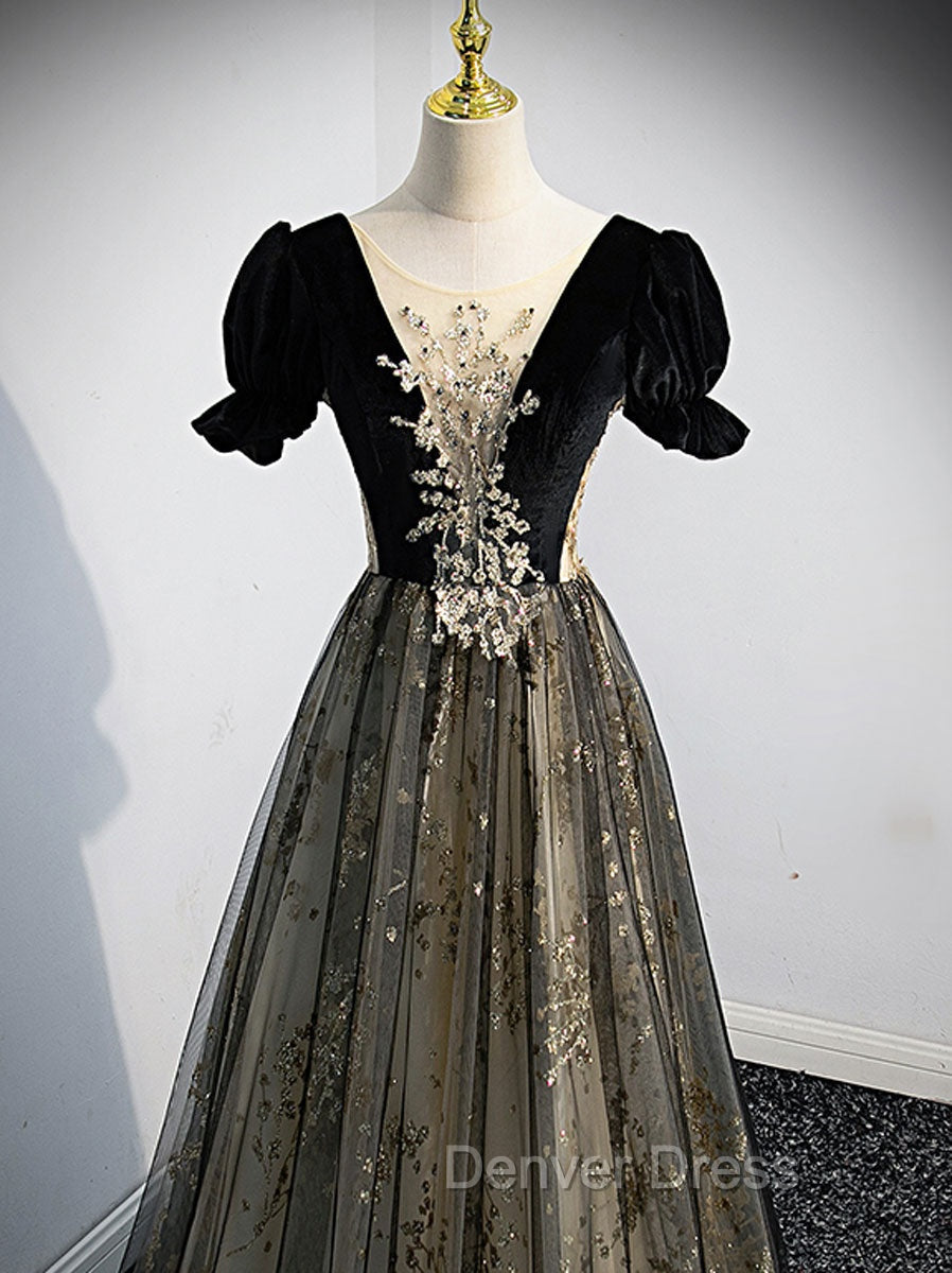 A Line Velvet Tulle Lace Black Long Prom Dress, Black Prom Graduation Dresses