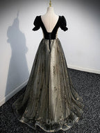 A Line Velvet Tulle Lace Black Long Prom Dress, Black Prom Graduation Dresses