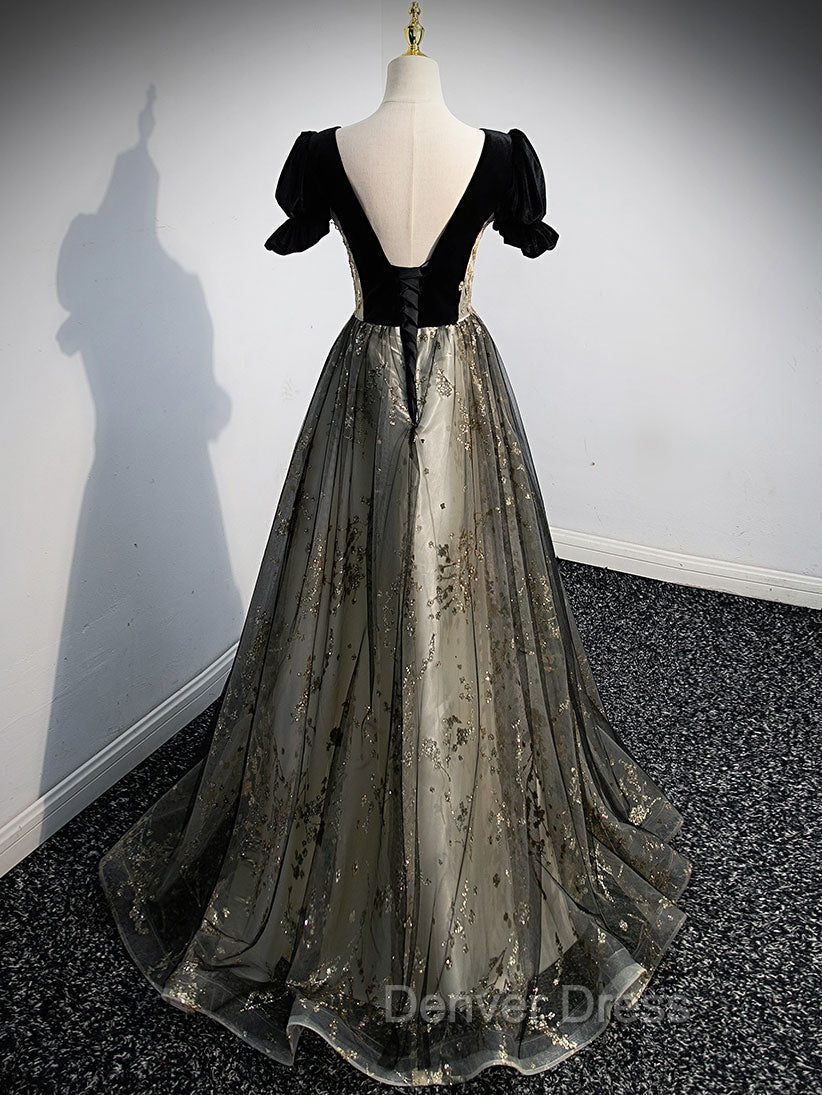 A line Velvet Tulle Lace Black Long Prom Dresses, Black Formal Graduation Dresses