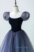 A Line Velvet Tulle Long Prom Dress, Cute Short Sleeve Prom Dresses