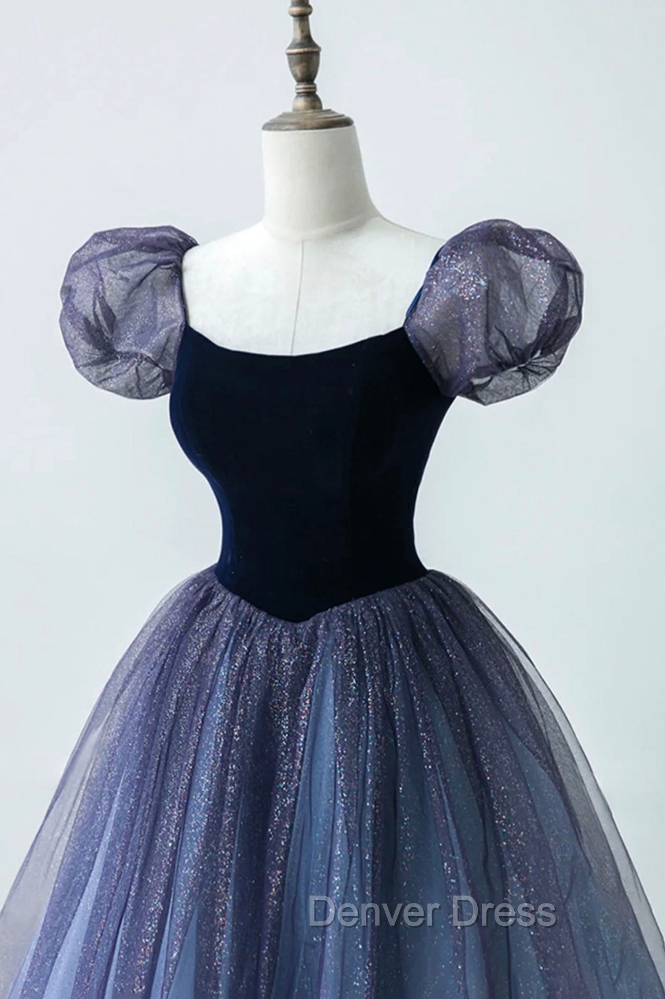 A Line Velvet Tulle Long Prom Dress, Cute Short Sleeve Prom Dresses