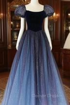 A-Line Velvet Tulle Long Prom Dresses, Cute Short Sleeve Evening Party Dresses