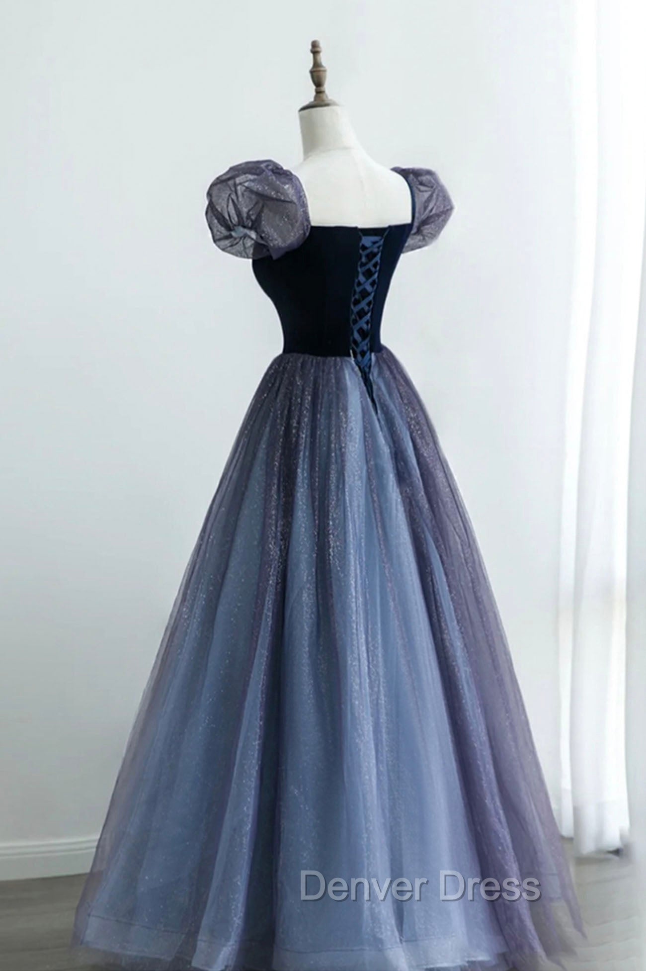 A-Line Velvet Tulle Long Prom Dresses, Cute Short Sleeve Evening Party Dresses