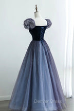 A Line Velvet Tulle Long Prom Dress, Cute Short Sleeve Prom Dresses