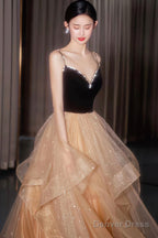 A-Line Velvet Tulle Long Prom Dress, Cute Spaghetti Strap Graduation Dress