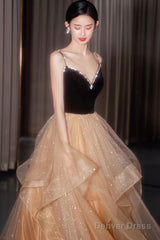 A-Line Velvet Tulle Long Prom Dress, Cute Spaghetti Strap Graduation Dress