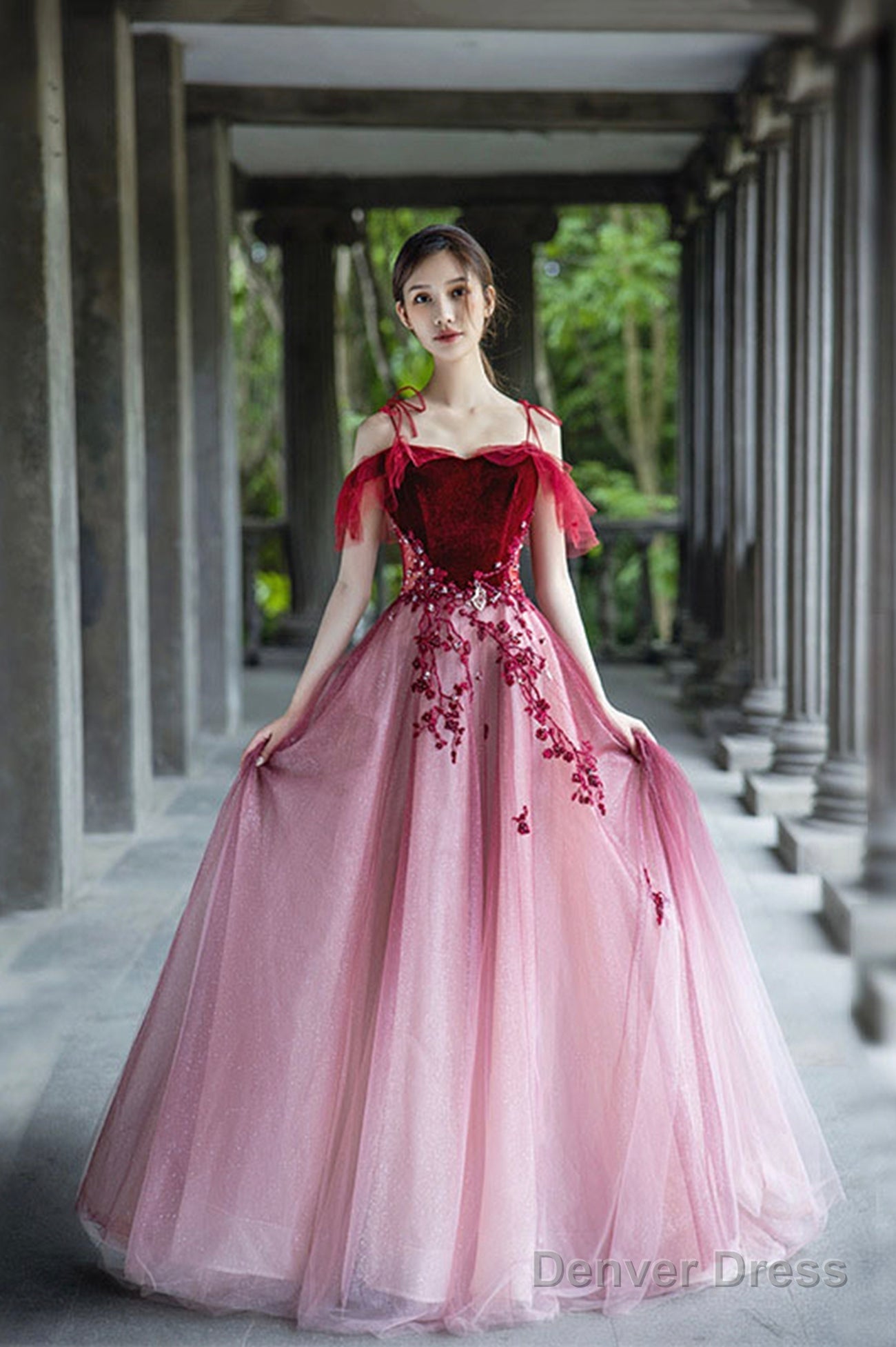 A-Line Velvet Tulle Long Prom Dress, Lovely Lace Off The Shoulder Evening Dress Main image