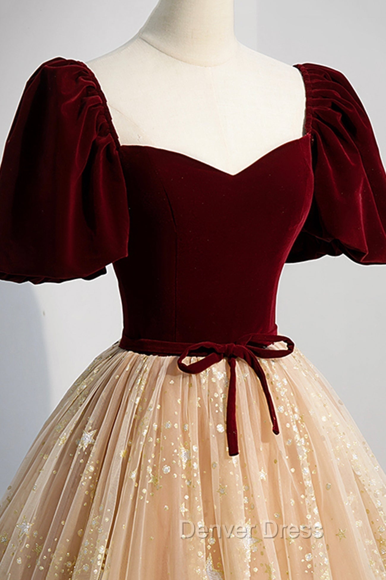 A-Line Velvet Tulle Long Prom Dresses, Lovely Short Sleeve Graduation Dresses