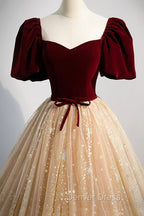 A-Line Velvet Tulle Long Prom Dresses, Lovely Short Sleeve Graduation Dresses