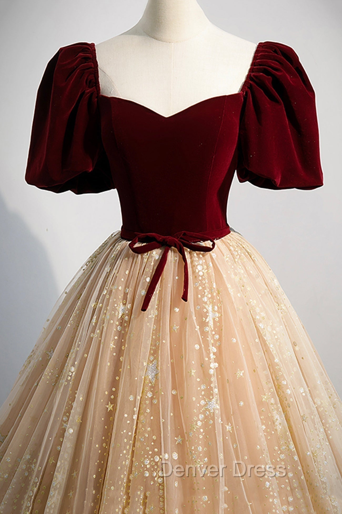 A-Line Velvet Tulle Long Prom Dresses, Lovely Short Sleeve Graduation Dresses