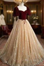 A-Line Velvet Tulle Long Prom Dresses, Lovely Short Sleeve Graduation Dresses