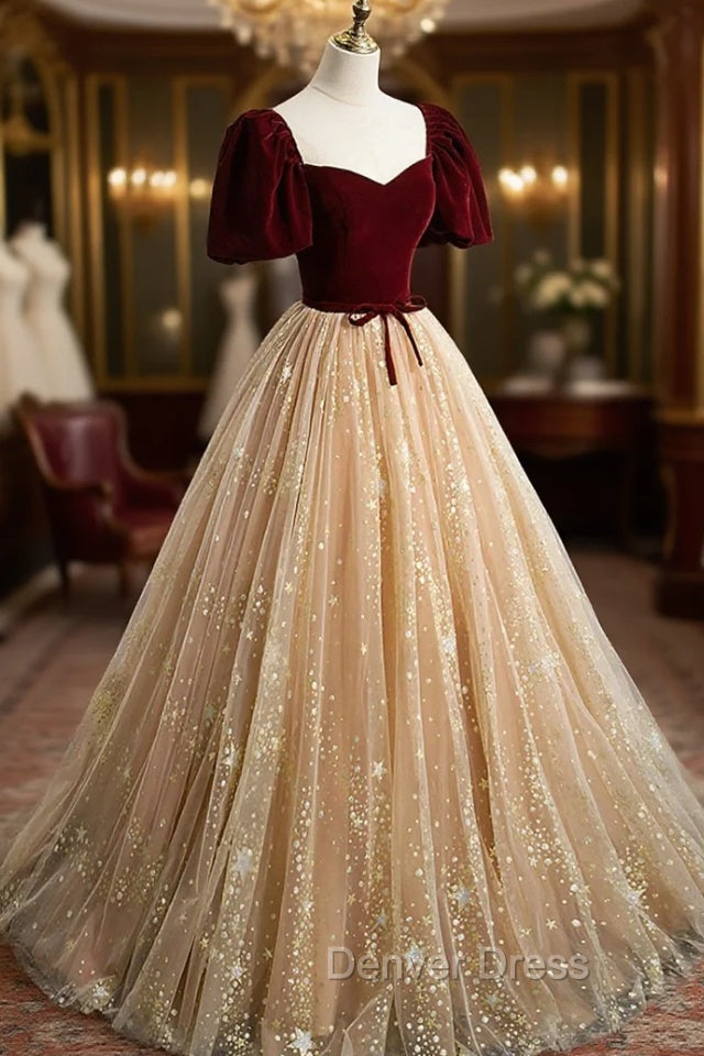 A-Line Velvet Tulle Long Prom Dresses, Lovely Short Sleeve Graduation Dresses